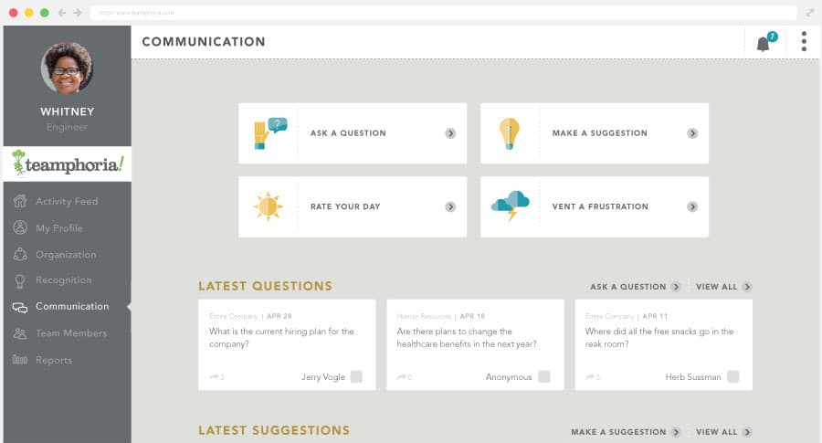 Teamphoria employee communication interface